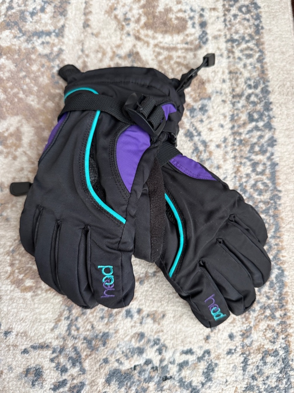 Head Kids Black ski gloves with Purple Accents and Teal Piping